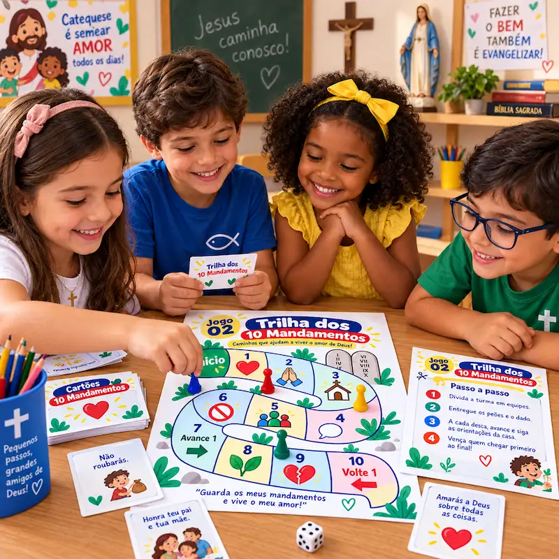 Crianças brincando com o jogo Trilha dos 10 Mandamentos