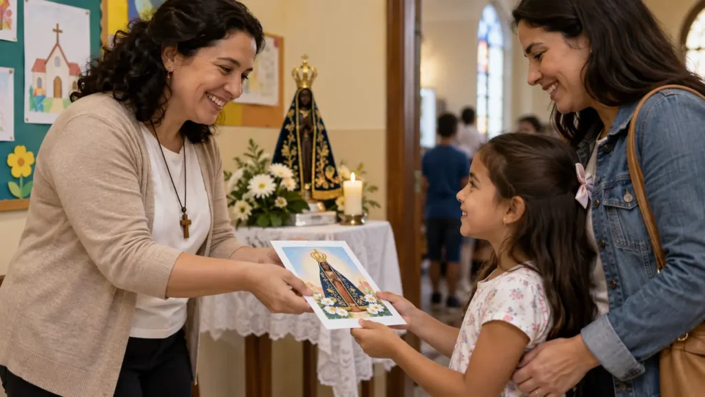 catequista entregando folder de nossa senhora