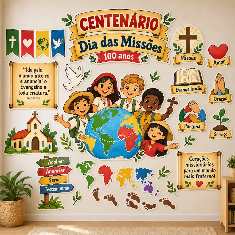 Mural do Centenário do Dia das Missões montado na parede da sala de catequese