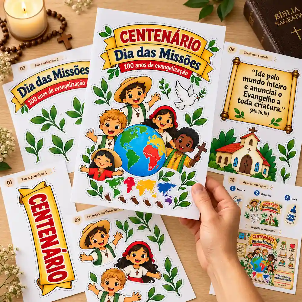 Mockup: folhas impressas e peças recortadas do Mural do Centenário