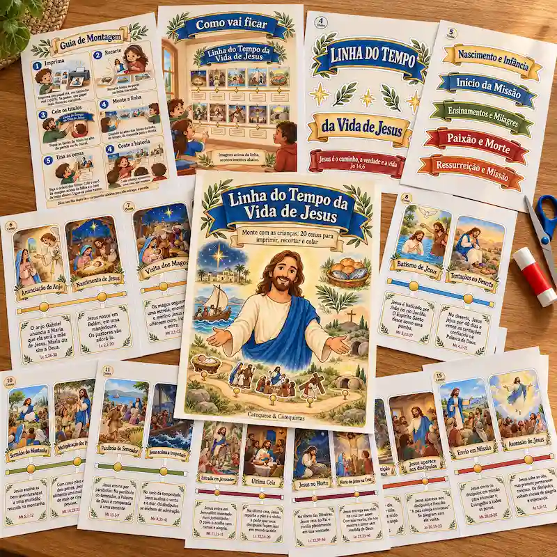 Mockup: folhas impressas e cenas recortadas da Linha do Tempo da Vida de Jesus